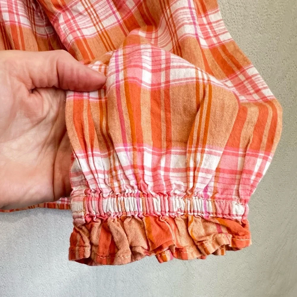 J. Crew Orange Madras Plaid Ruffle Tie-Back Cotton Gauzy Top Sz M Preppy Prep